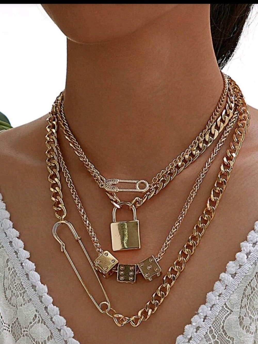 Goldtone Layered Padlock & Charm Necklace Set